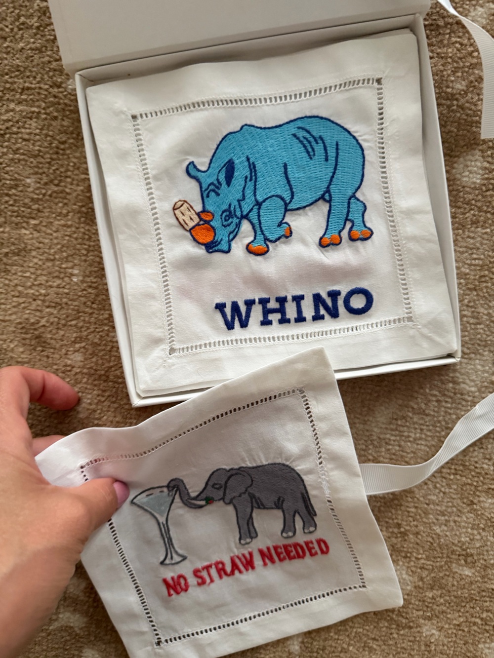 4 NIB Cocktail Napkins Embroidered Elephant "No Straw Needed"